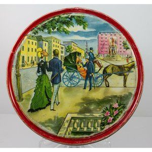 Vintage 1950's Barricini Candies Round Tin w/Lid Horse & Carriage NYC 8.5"